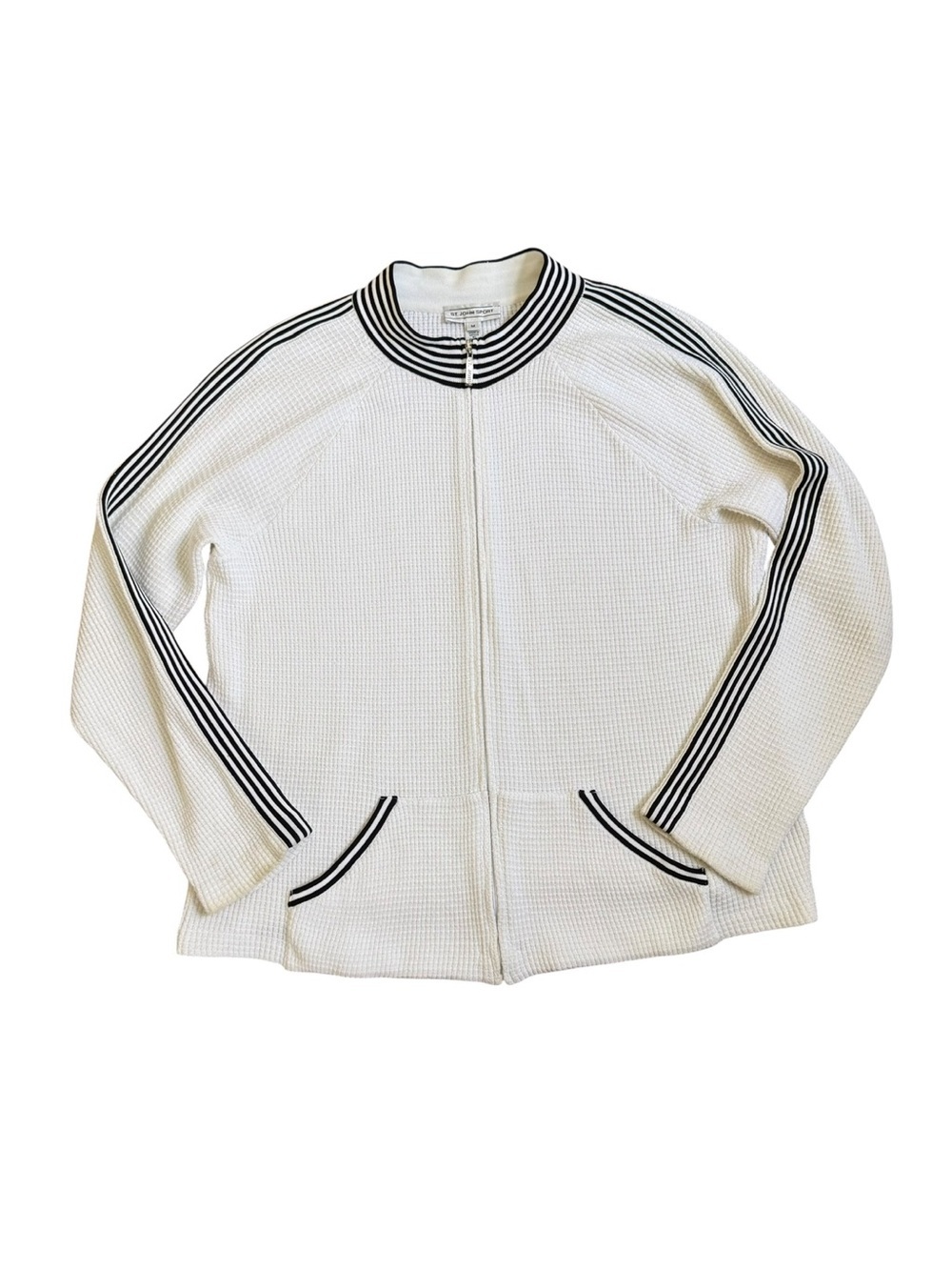 St John Sport Waffle Knit Full Zip Sweater Sweatshirt Size Medium White Black